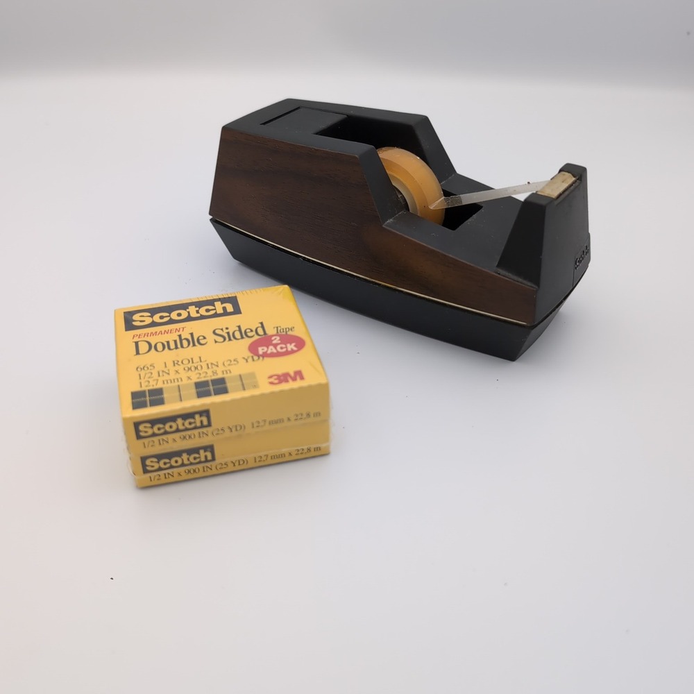 Vintage Scotch 3M C-41 Executive Tape Dispenser Woodgrain + 2 Rolls Tape MCM